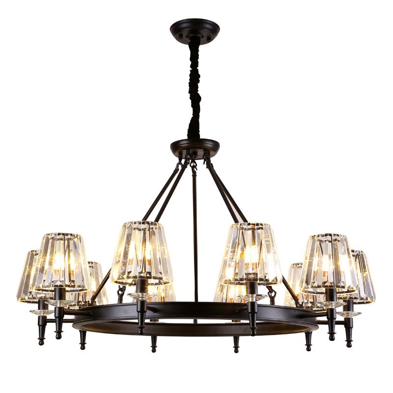 Traditional Style Crystal Chandelier Light Iron Vintage Suspension Lighting Fixture in Black for Living Room