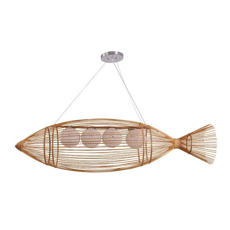 Fish-Like Ceiling Lighting Modern Style Bamboo 4 Bulbs Wood Chandelier Light Fixture