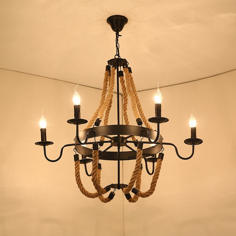 Wagon Wheel Metal Chandelier Factory Dining Room Jute Rope Pendant Light Kit in Black