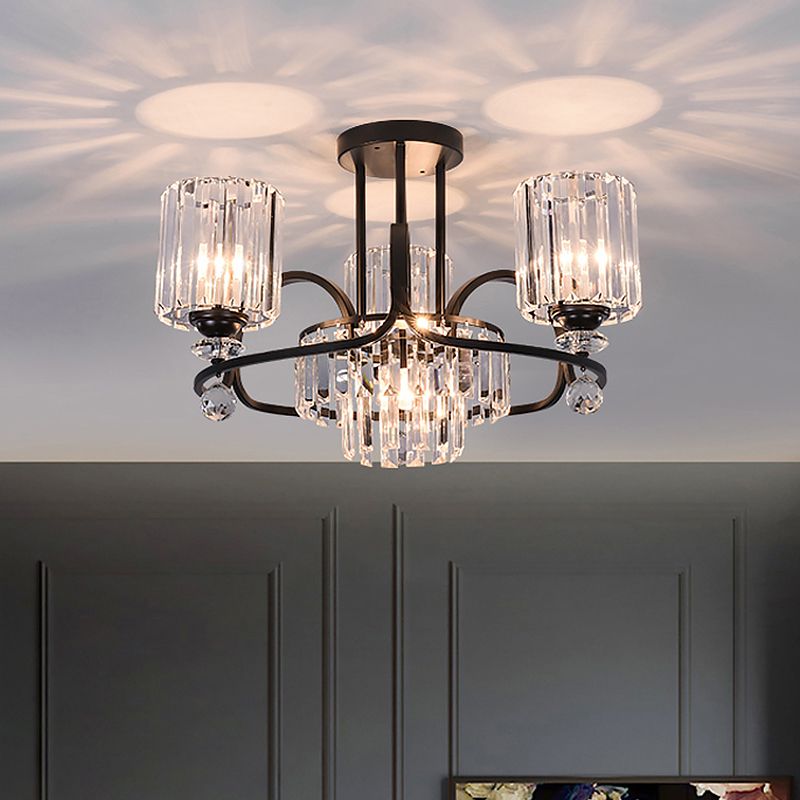 Cylindrical Suspension Lamp Modernist Crystal Prisms 4-Bulb Drawing Room Ceiling Chandelier in Black