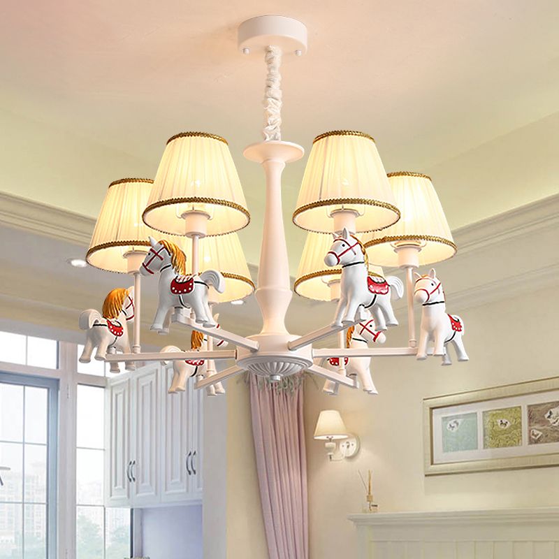 White Horse Chandelier Lamp Childrens Resin Ceiling Pendant Light with Tapered Pleated Fabric Shade