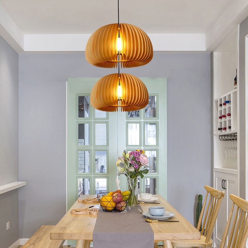 1 Light Pumpkin Shape Wooden Pendant Light Nordic Style Living Room Hanging Lamp Fixture