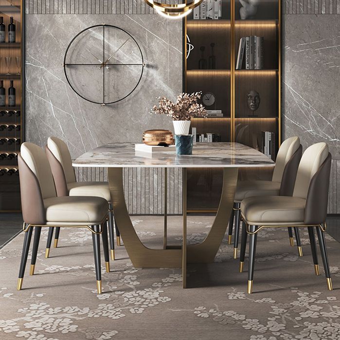 Minimalist Style Sintered Stone Dining Table with Rectangle Shape Fixed Table and Trestle Base