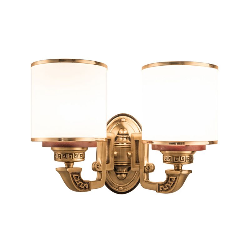 White Glass Cylinder Wall Mount Lamp Traditional 2 Bulbs Living Room Sconce Lighting in Brass