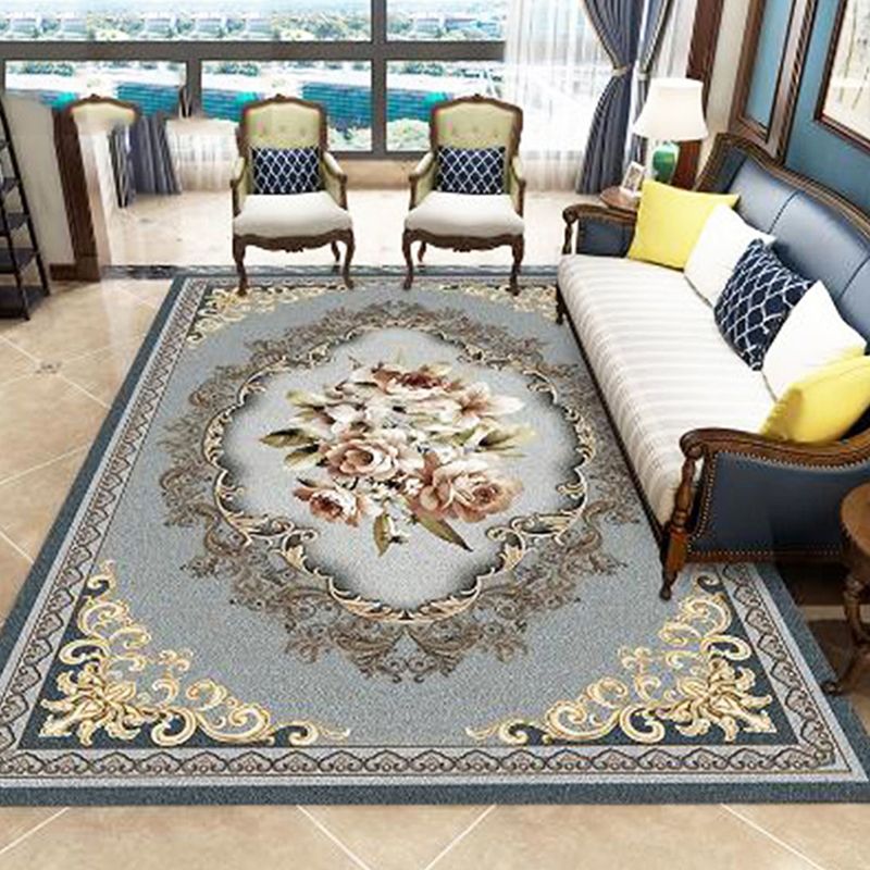 Solid Color Floral Print Rug Polyester Luxury Anti-Slip Backing Indoor Rug for Living Room