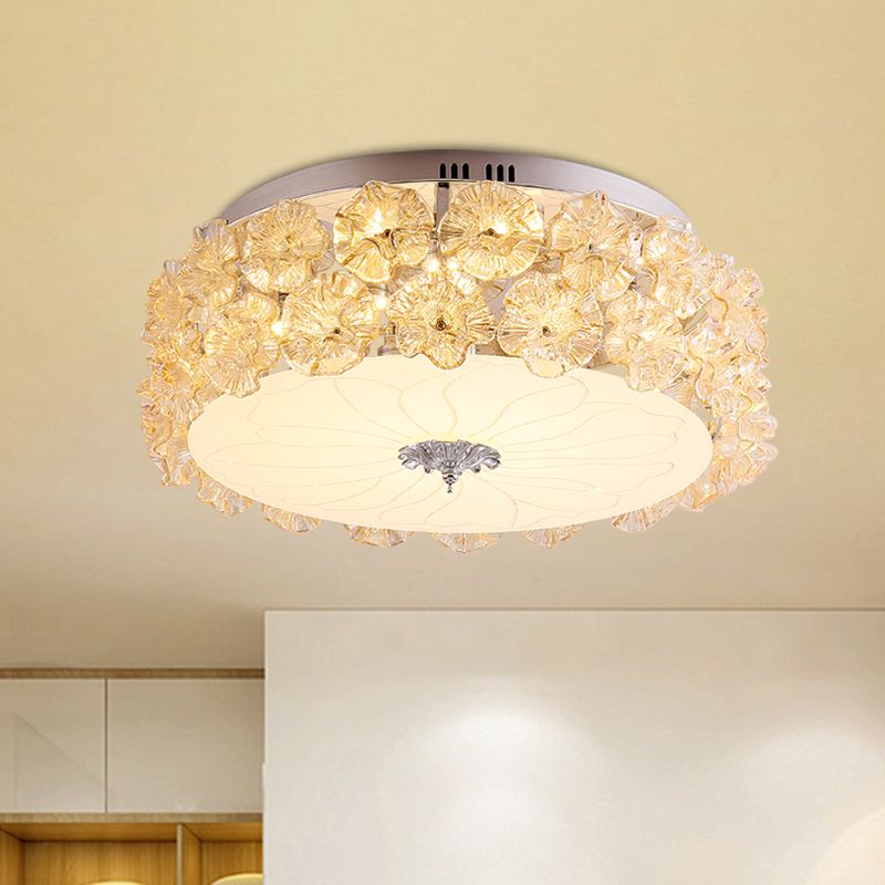Cristallo Viola/Bianco LED Flush Light Floweret-Embellished Drum Moderno Vicino alla lampada da soffitto
