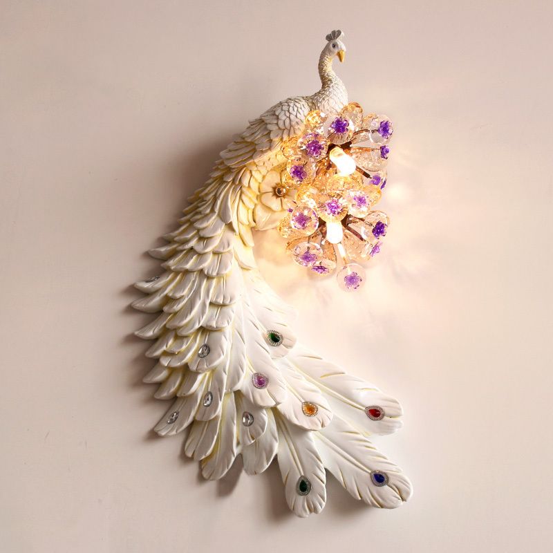 Peacock Bedroom Wall Mounted Lamp Rural Resin 2 Lights White/Green/Gold Wall Lighting Idea with Floral Crystal Ball Decor, Left/Right