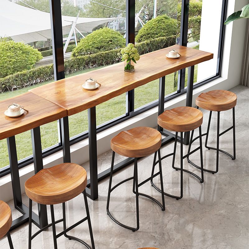 Modern Armless Backless Counter Stool Iron Kitchen Bar Stool with Wooden Seat and Pedal