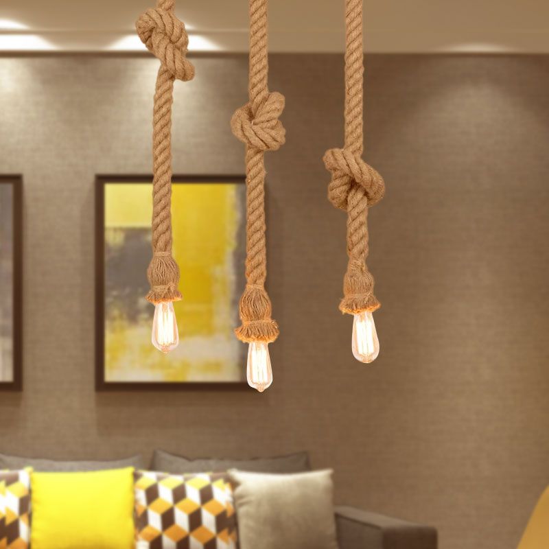 Natural Rope Beige Suspended Light with Open Bulb Country 3 Lights Balcony Pendant Lighting
