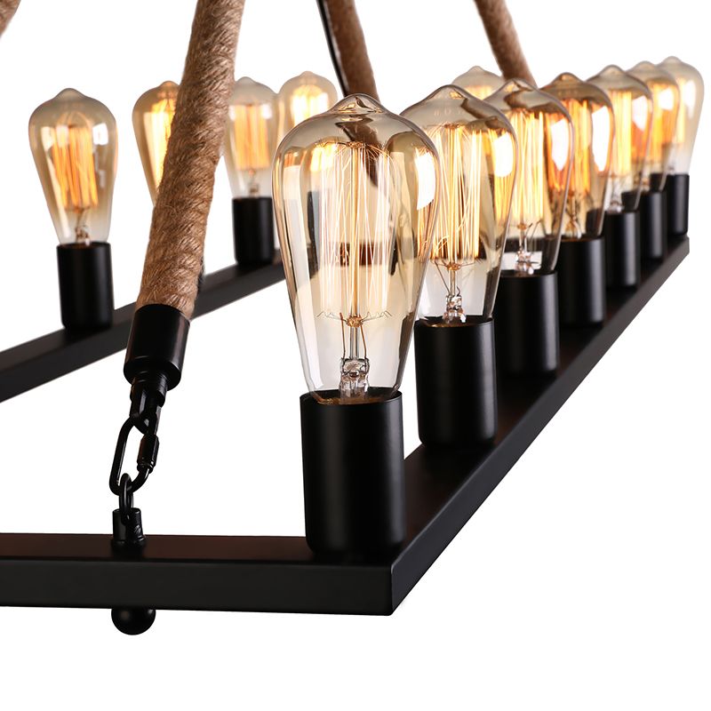 10/16 Bulbs Chandelier Lighting Loft Style Rectangular Frame Metal Pendant Lighting with Rope Detail in Black