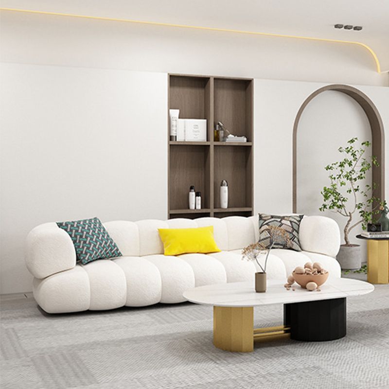 White Recessed Arm Curved Sofa Wool Sofa with Sewn Pillow Back