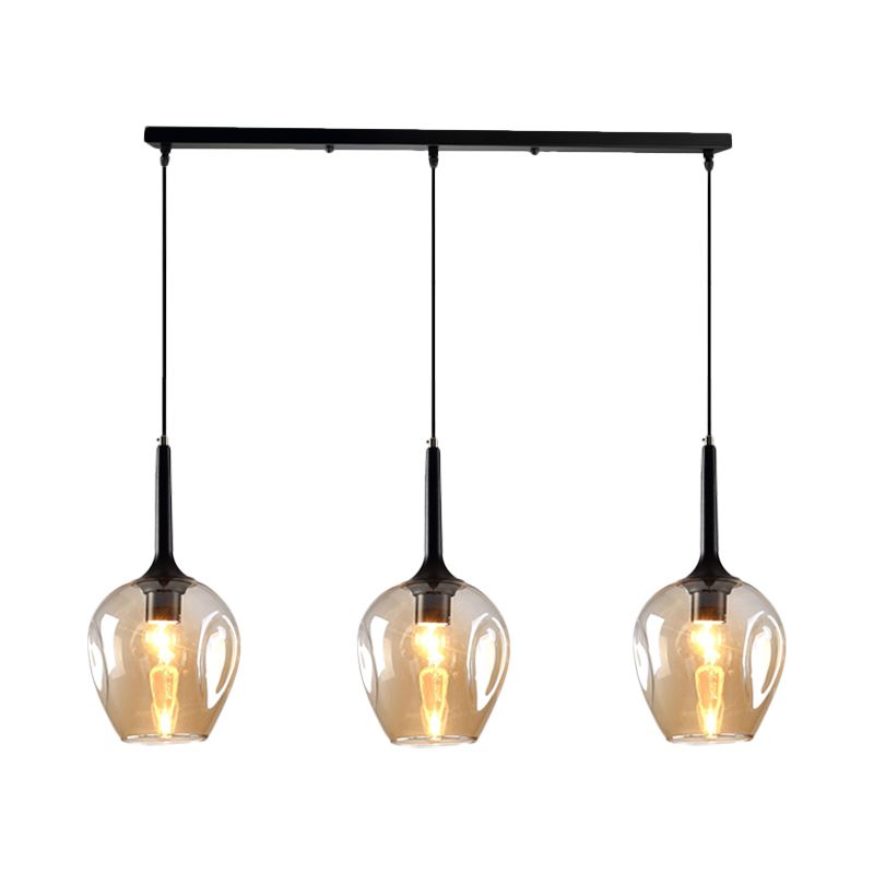 Tulip Cluster Pendant Lamp with Linear Design Modern Amber/Smoke/Blue Glass 3 Lights Black Ceiling Hung Light