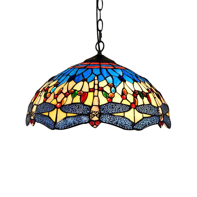 2 Heads Dragonfly Pendant Lighting Tiffany Yellow-Blue Stained Glass Hanging Ceiling Light for Living Room