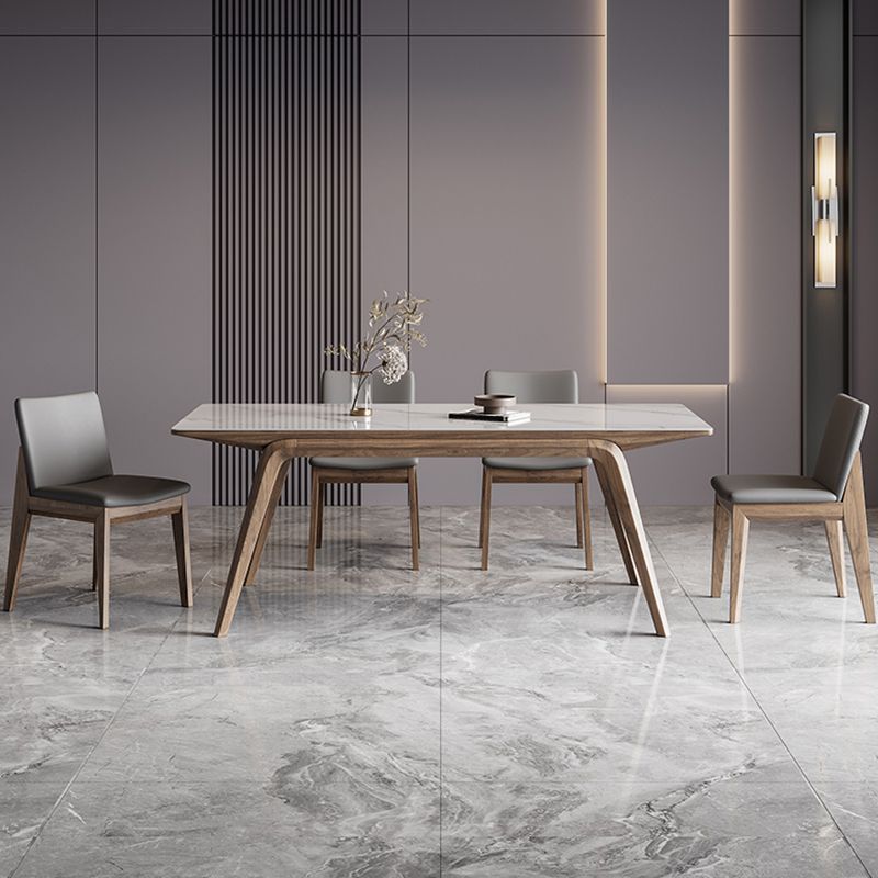 White Mid-Century Dining Table Stone Top Table with Wooden Frame