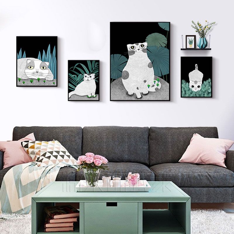 Cartoon Cat and Leave Wrapped Canvas Grey Nursery Wall Art Decor, Multiple Sizes