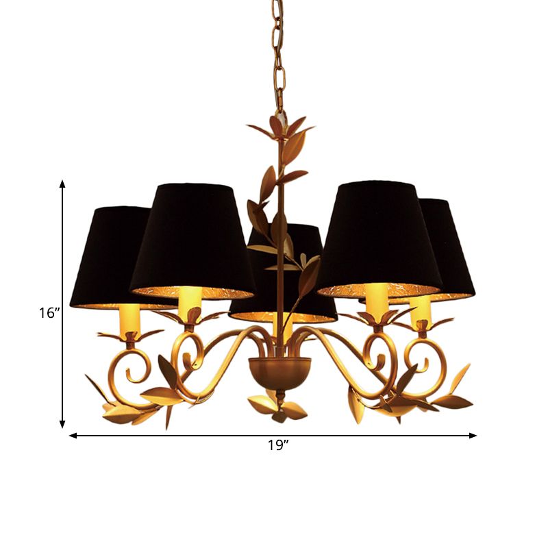 5 Lights Cone Pendant Lighting Vintage Black Fabric Hanging Chandelier for Dining Room