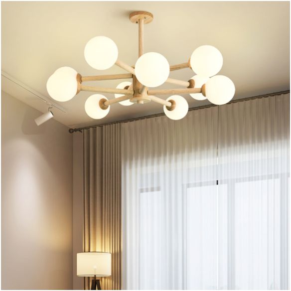 Minimalist Round-Shaped Chandelier Light Wood Bedroom Chandelier Lighting Fixture in White