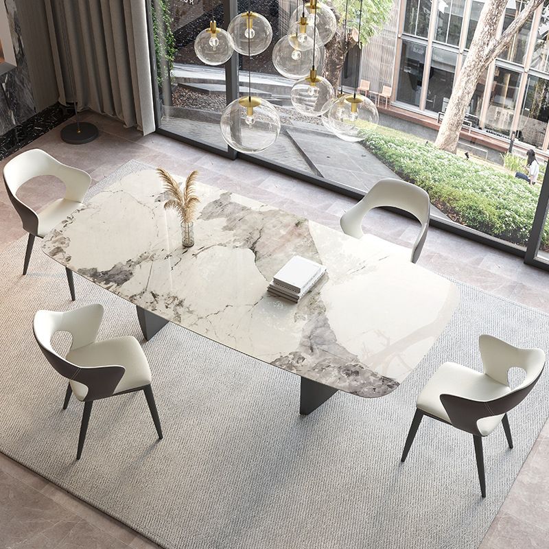 Mesa de comedor contemporánea rectángulo mesa de piedra sinterizada blanca con base de metal negro