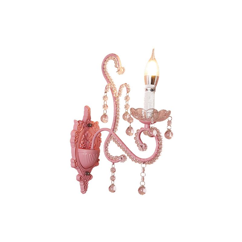 Metal Candle Wall Light Sconce Cartoon 1/2-Bulb Pink Finish Wall Lamp with Crystal Deco for Girls Bedside
