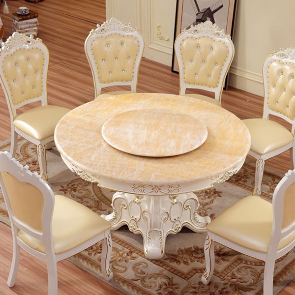Solid Wood Victorian Round Dining Table Faux Marble Top Table with Wooden Pedestal