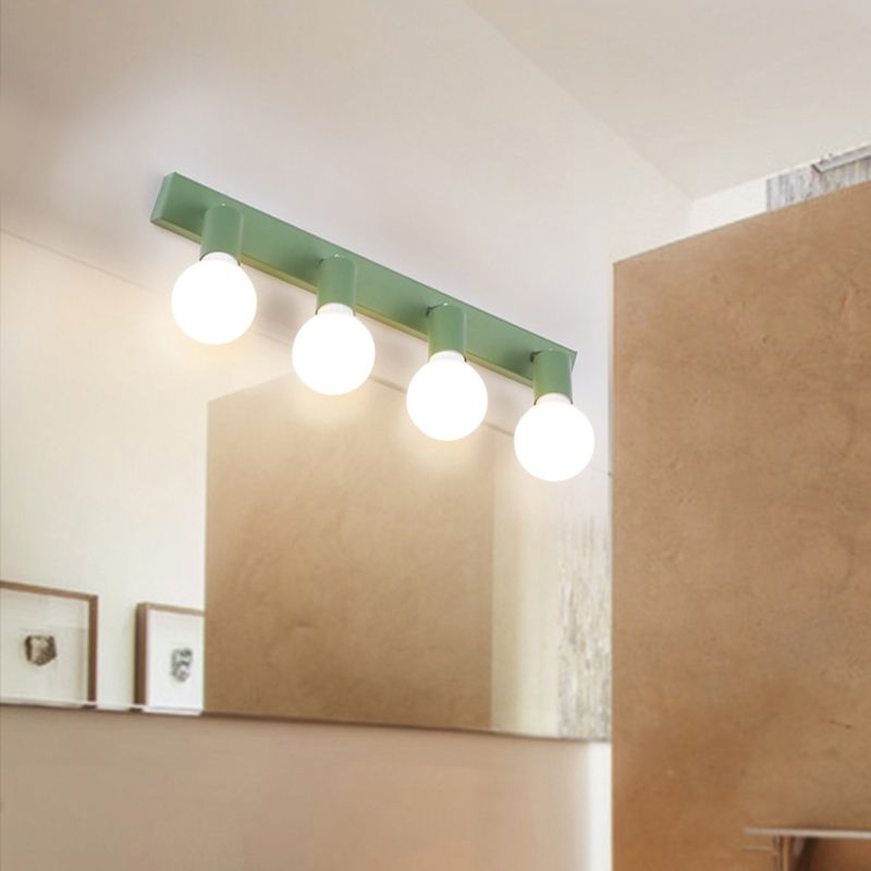 Green Linear Vanity Mirror Light with Open Bulb Macaron Style 4 Heads Metal Wall Lighting for Bathroom