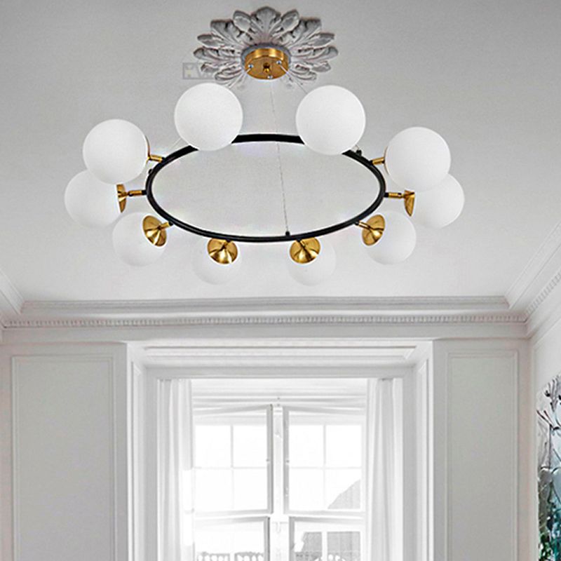 39" Wide Sphere Milk White Glass Chandelier Modern 10 Lights Black Ceiling Pendant