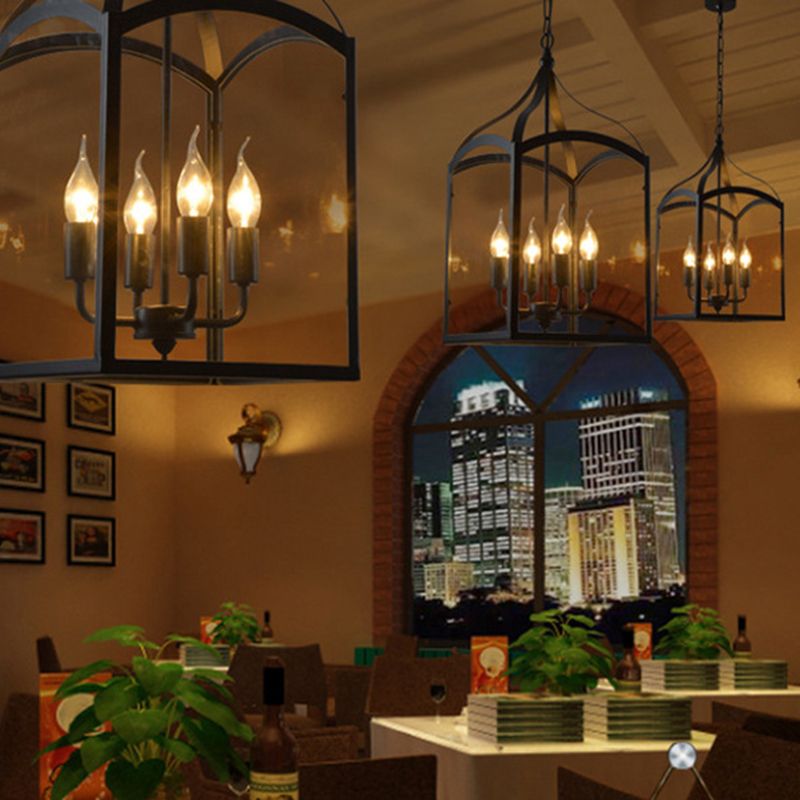 Luz colgante negra de 4 luces en lámpara colgante de hierro forjado de estilo clásico industrial con sombra de vidrio