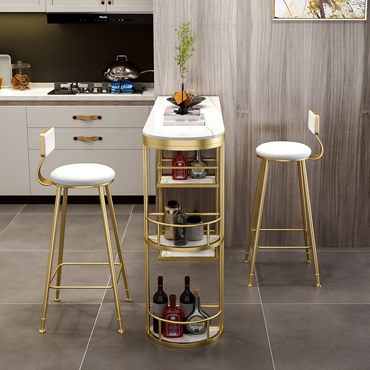 Glam White Stone Bar Dining Table Iron Double Pedestal Bistro Table with Shelf