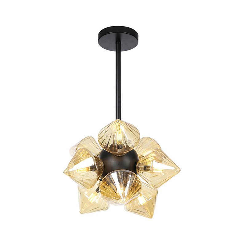 Diamond Chandelier Lamp Contemporary Amber Glass 9/12 Bulbs Living Room Hanging Pentant Light