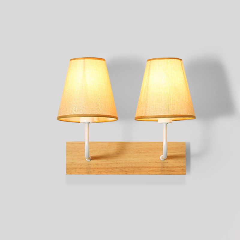Flaxen Cone Shade Wall Mounted Light Nordic 2 Bulbs Fabric Sconce Light Fixture with Rectangle Wood Backplate