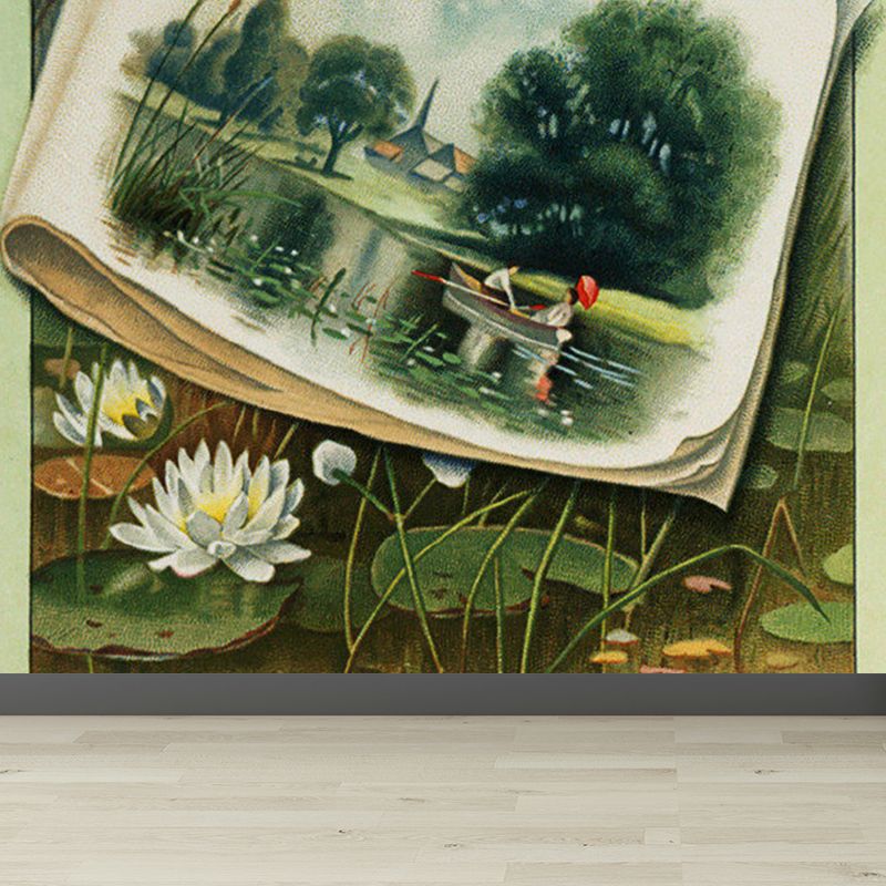 Green Lotus Flower Mural Wallpaper Florentine Modern Washable Wall Art for Playroom
