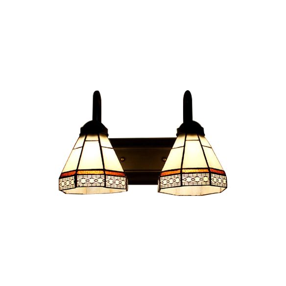 Conical Beige Glass Sconce Lighting Tiffany 2 Heads Black Wall Mounted Light Fixture