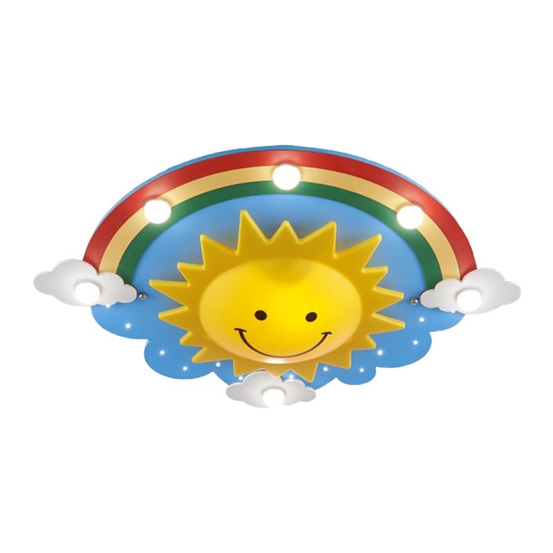Holz-Regenbogen- und Sonnen-Deckenleuchte im Cartoon-Stil, 6 Köpfe, gelbe Deckenleuchte