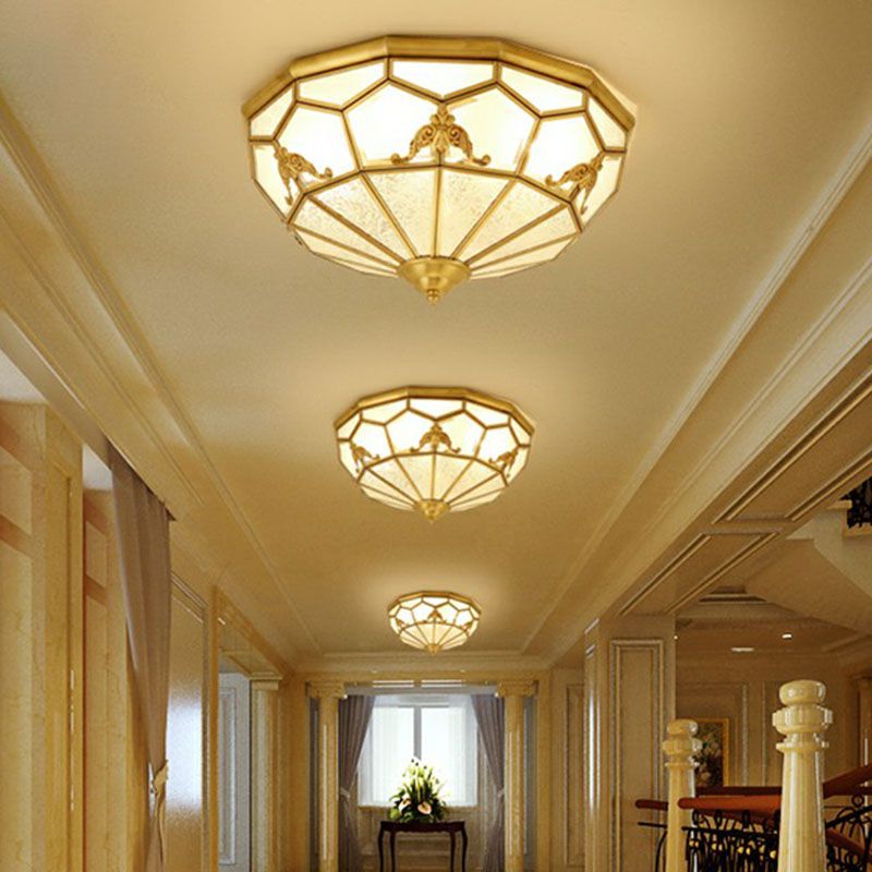 Brass Flush Ceiling Light Fixture Traditional Frosted Glass Panes Basket Shaped Flush Mount for Bedroom