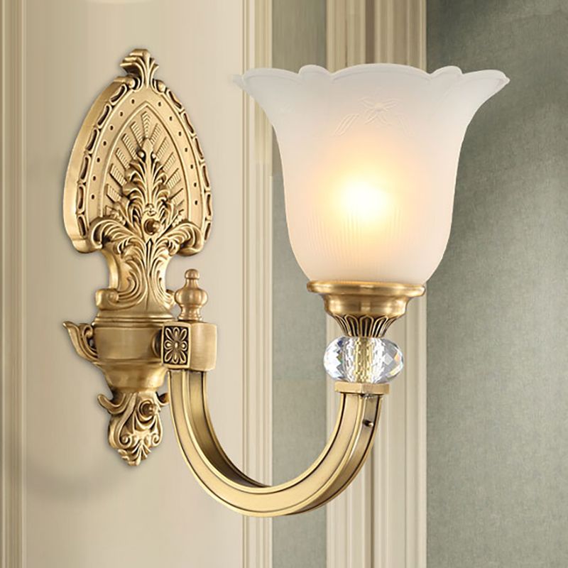 Bell Frosted Glass Wall Sconce Fixture Vintage Style 1/2-Head Bedside Wall Light with Golden Backplate