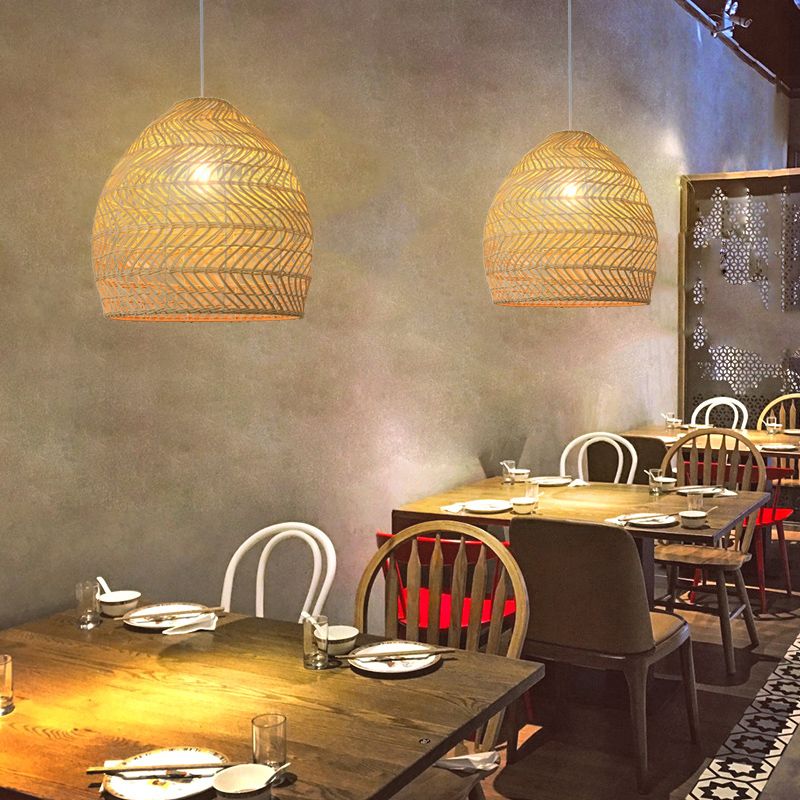 Basket Pendant Lighting Fixture Asian Rattan Beige Hanging Light Fixture for Restaurant