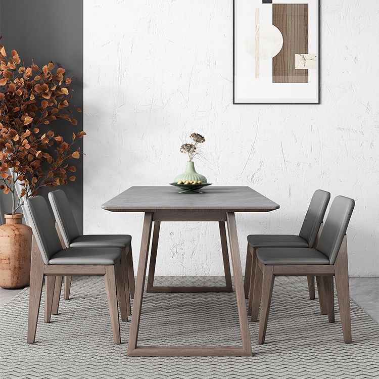 Mid-Century Modern Dining Table Gray Sintered Stone Dining Table with Wood Base