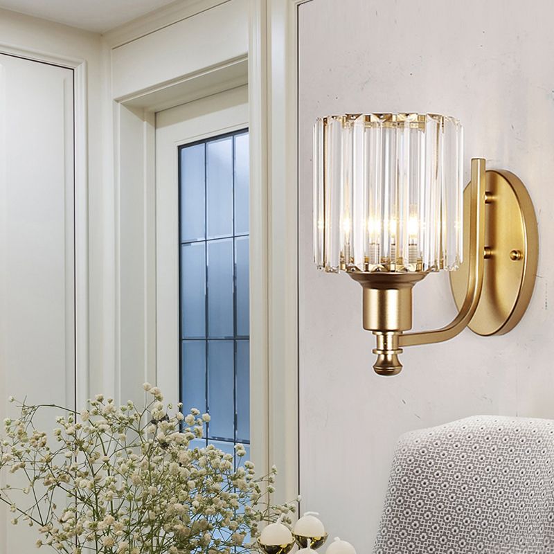 Contemporary Cylinder Wall Light Sconce Crystal Rectangle 1 Light Bedroom Sconce Light with Black/Gold Backplate