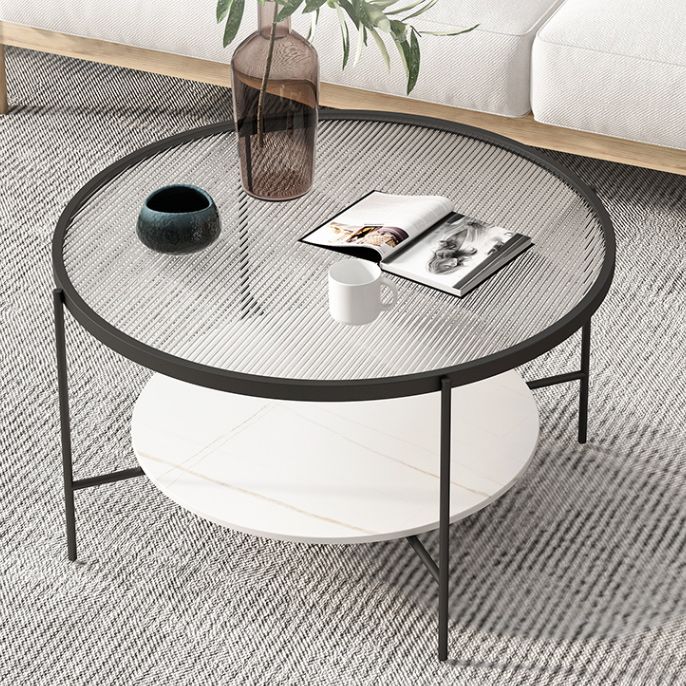 Modern Style Round Glass Table Plate Metal 4 Legs Base with Storage Rack Coffee Table
