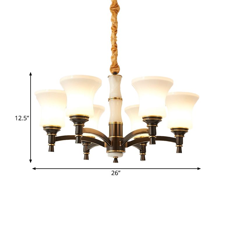 6/8 Luci appesi lampada da lampada retrò lampada lampadario con tonalità di vetro bianco a campana in nero