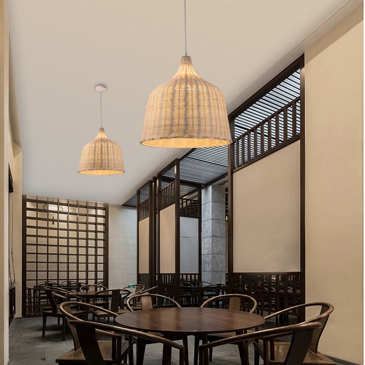 Hand-weaving Bamboo Bell Shape Hanging Light Asian Rattan Shade Single Light Pendant Lamp with 59" Hanging Wire