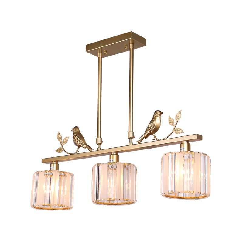 Présentation du cylindre à 3 bulbs Light Postmodern Black / Gol Crystal Prism Pendant avec décoration d'oiseaux et de feuilles