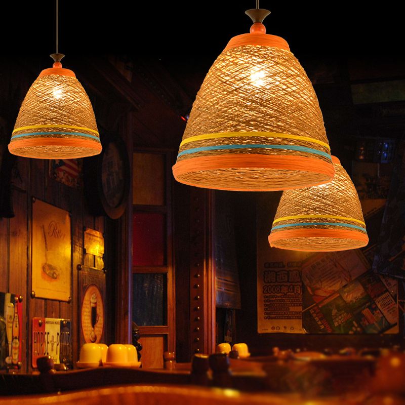 10"/14"/16" Wide Tapered Ceiling Lamp Modern Rattan 1 Bulb Yellow/Brown Hanging Pendant Light
