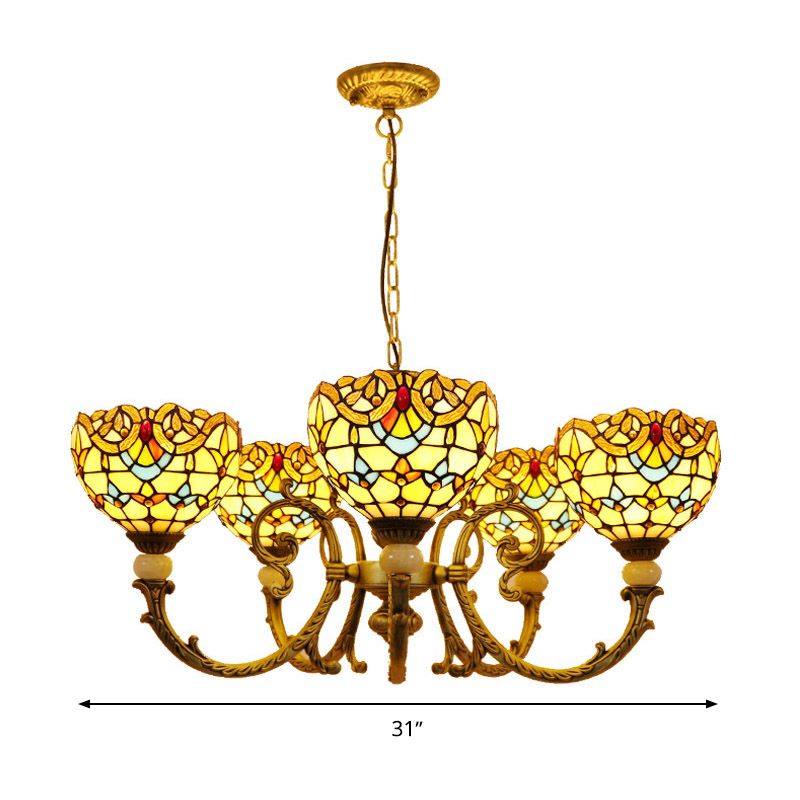 Iluminación de araña de cúpula mediterránea 5 luces colgante de caída de vidrio manchado en naranja/azul para sala de estar