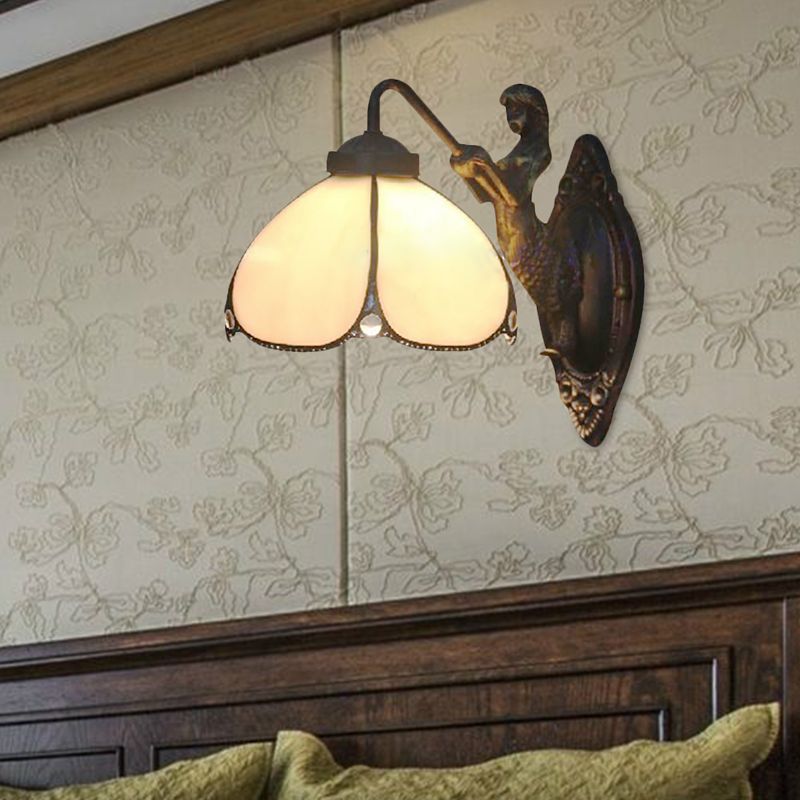 Petal Wall Light Fixture Tiffany Beige Glass 1 Head Sconce Light with Mermaid Decoration for Corridor