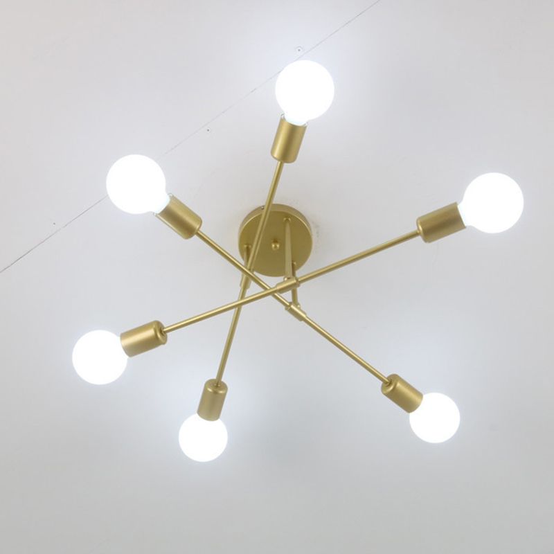 6-Lights Bare Bulb Design Ceiling Light 26.7" Wide Industrial Style Metal Semi Flush-mount Light for Dining Room