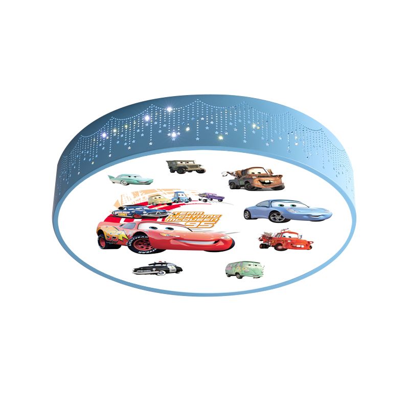 Plafonnier rond à motifs de voiture de dessin animé, éclairage encastré LED en fer pour chambre de garçon en bleu