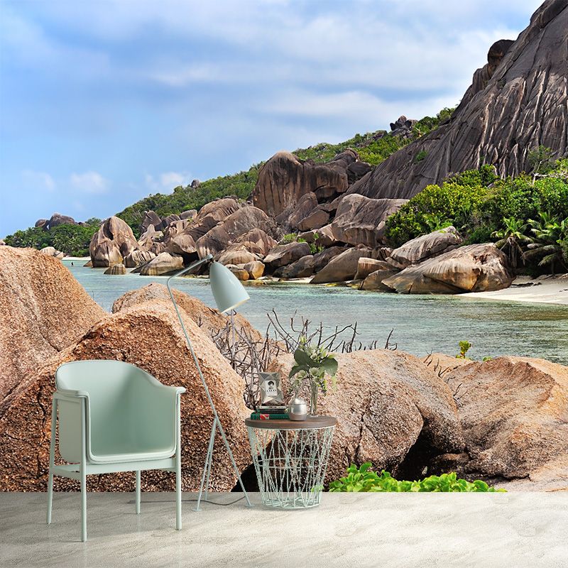 Full-Size Tropical Mural Brown Part of Seashore at the Foot of Mountain Wall Covering, Made to Measure