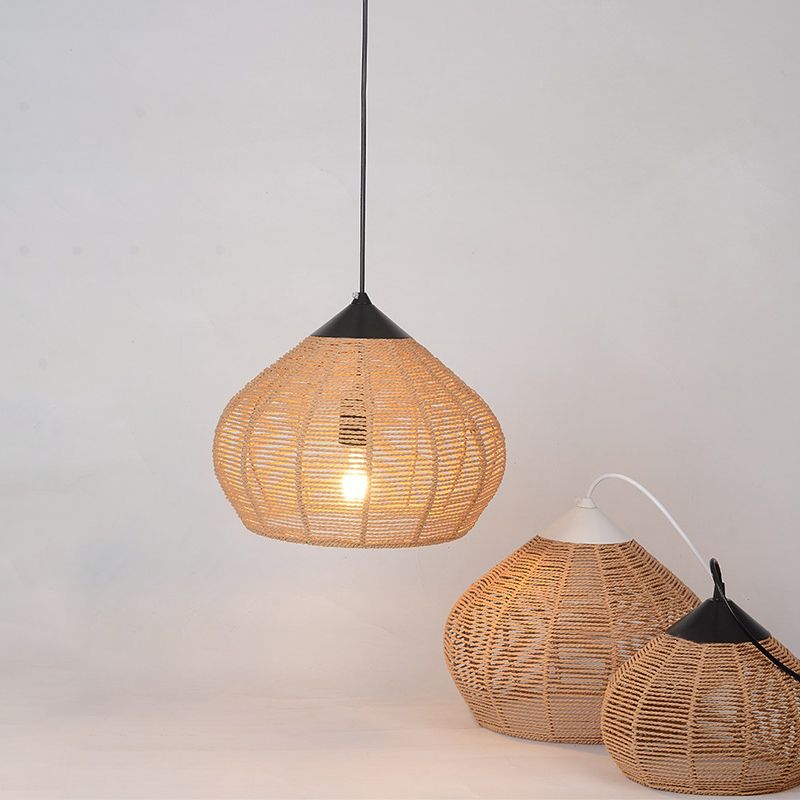 Minimalist Waterdrop Shaped Pendant Lighting Hemp Rope 1-Light Bedside Pendulum Light