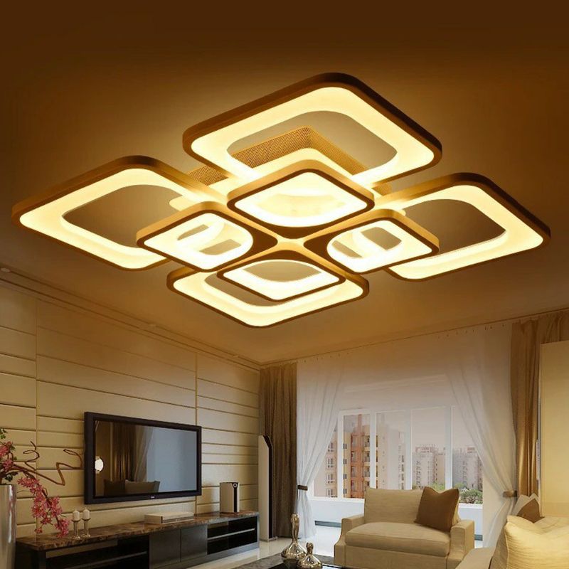 Nordic Rectangular Semi Flush Light Acrylic Living Room LED Flush Mount Lighting Fixture in White